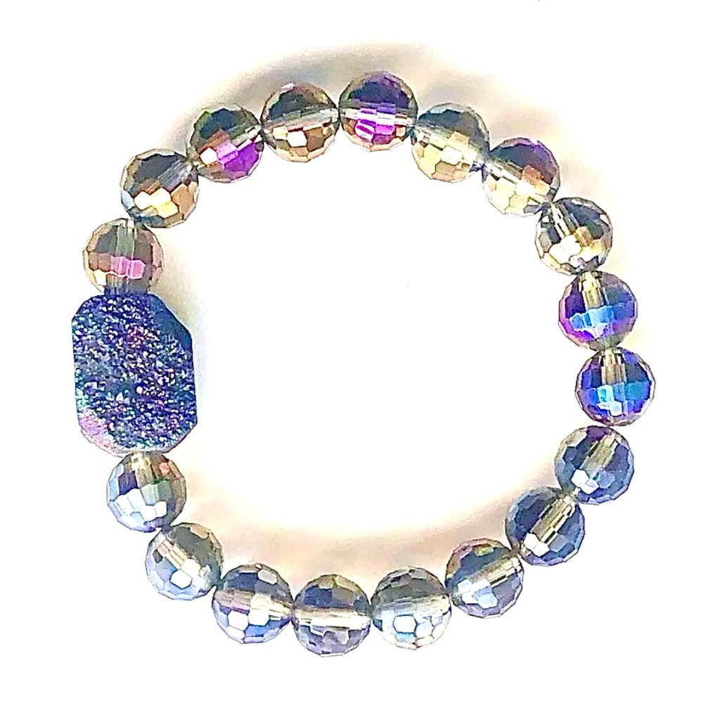 Purple Druzy and Beaded Stretch Bracelet